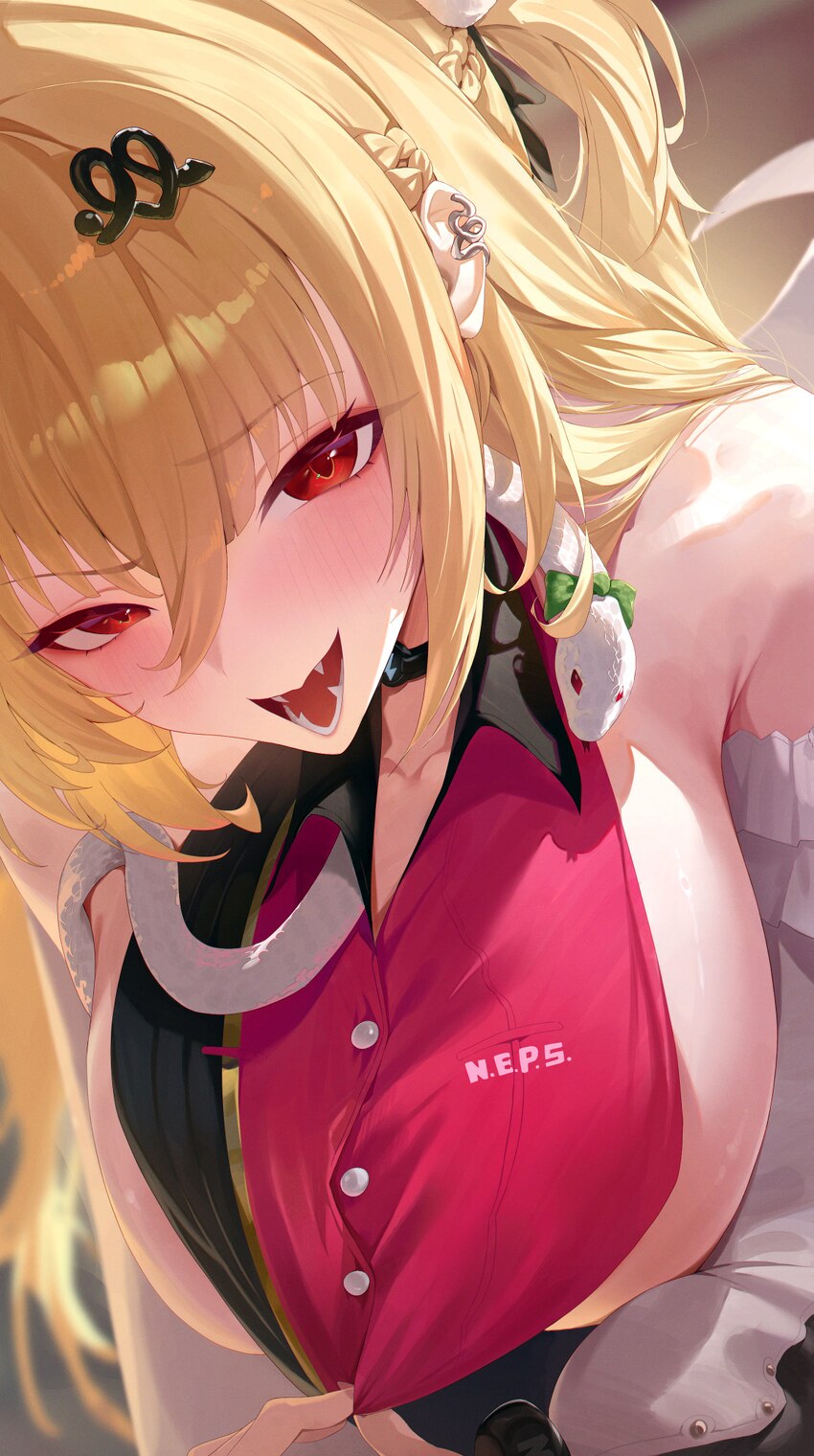 1girl absurdres blonde hair breasts chalky (zenless zone zero) cissia (zenless zone zero) commentary fangs hair ornament highres large breasts leotar…