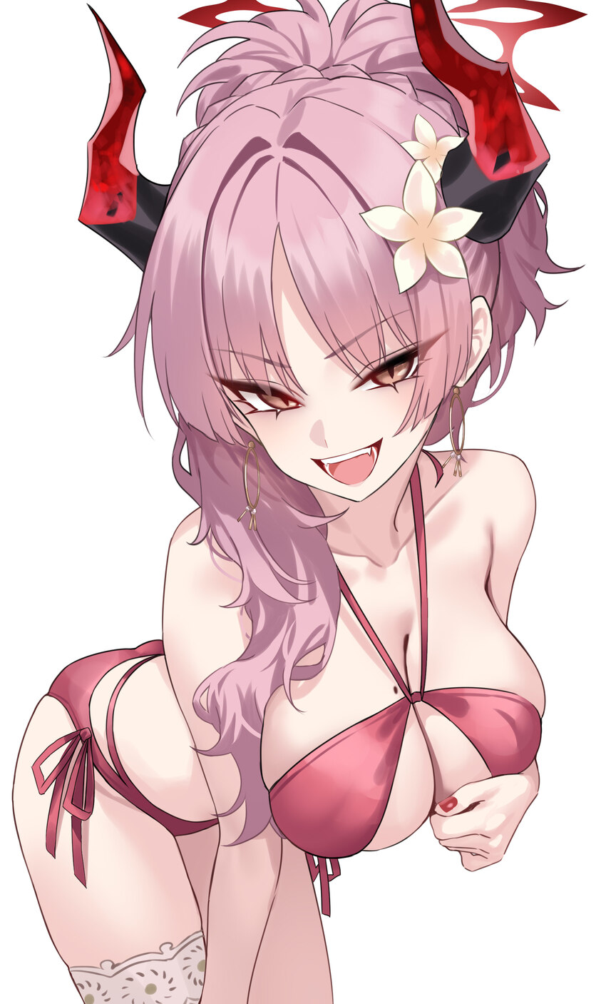 1girl  d absurdres bare arms bare shoulders bent over bikini blue archive blush breasts cleavage commentary earrings english commentary flower hair f…