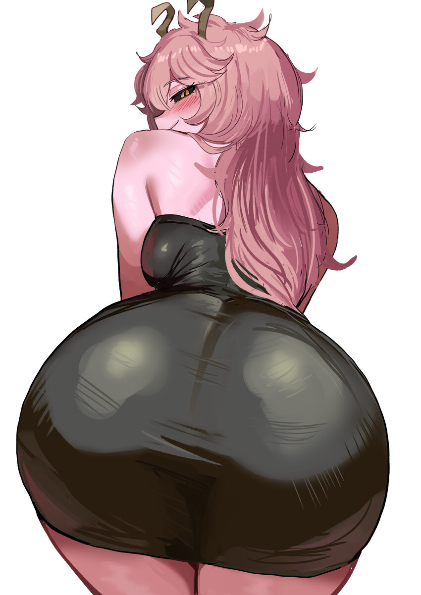 1girl absurdres ashido mina ass ass focus bare shoulders black dress black sclera blush boku no hero academia breasts colored sclera commentary cowbo…