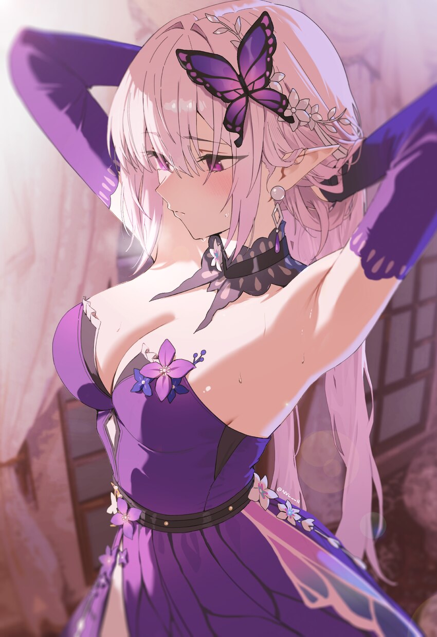 1girl absurdres adjusting hair armpit focus armpits arms behind head arms up bare shoulders blush breasts butterfly hair ornament castorice (gossamer…