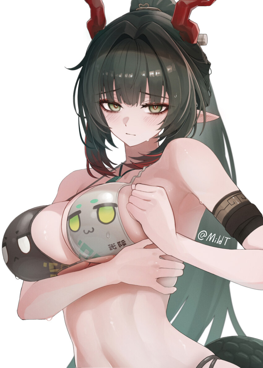 1girl alternate hairstyle arknights arknights  endfield arm under breasts armband bikini black armband black hair breasts commentary dragon bean (ark…