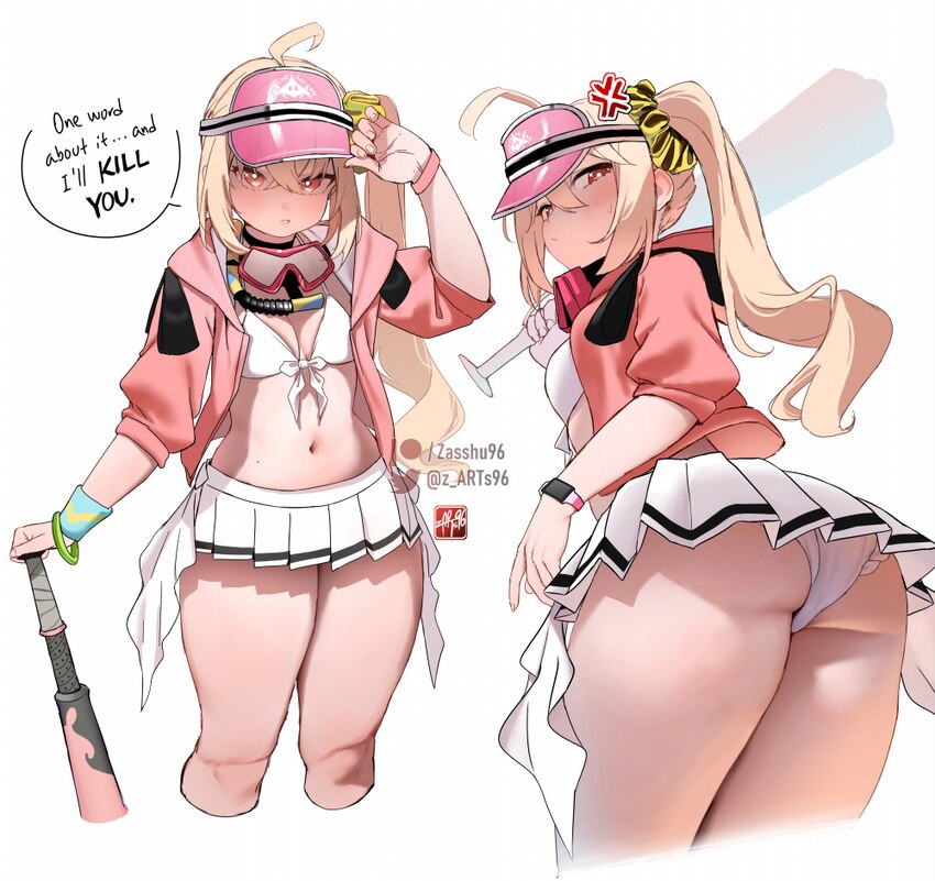 1girl anger vein ass baseball bat bikini blonde hair blush breasts commentary english commentary hat highres jacket long hair looking at viewer looki…
