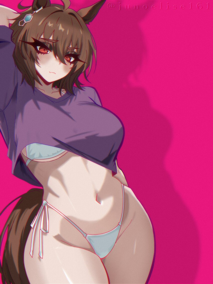 1girl absurdres agnes tachyon (umamusume) ahoge animal ears arm behind head arm up bikini blush breasts brown hair closed mouth commentary cover biki…
