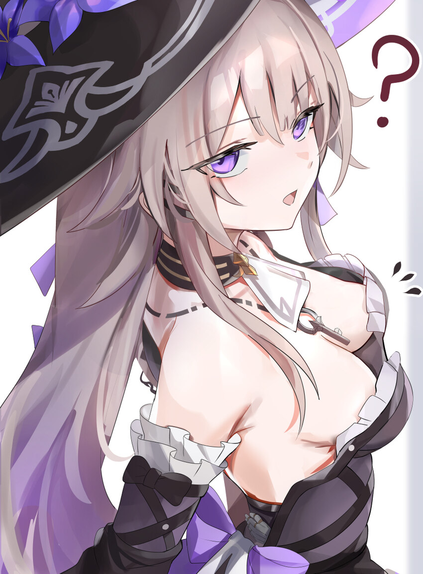 1girl ? bare shoulders black dress black hat breasts commentary request detached collar detached sleeves dress flower grey hair hat hat flower herta …
