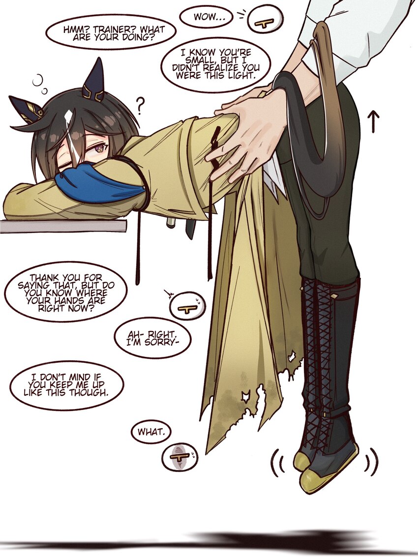 1boy 1girl ? animal ears arrow (symbol) black boots black hair boots brown eyes brown hair coat commentary ear covers english commentary english text…