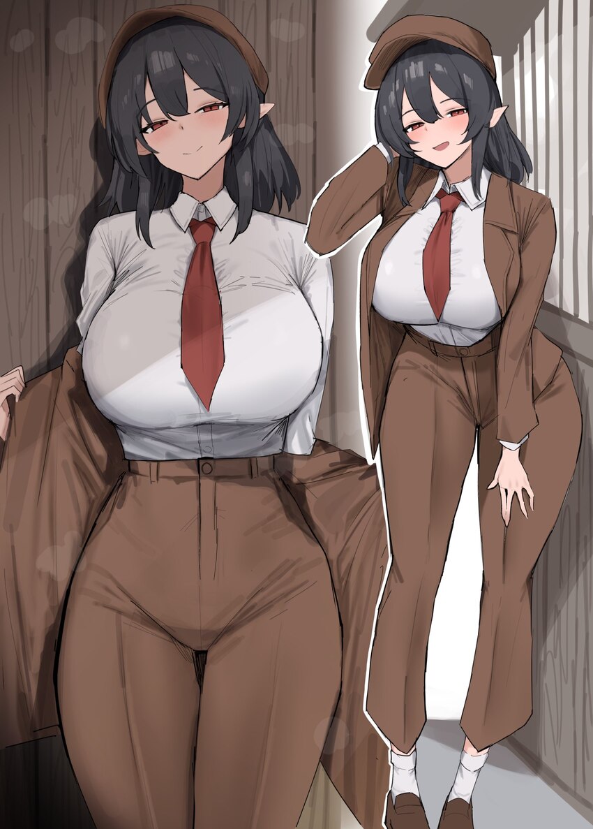 1girl 258n alternate breast size (larger) black hair breasts brown hat brown jacket brown pants brown shoes closed mouth collared shirt flat cap hat …