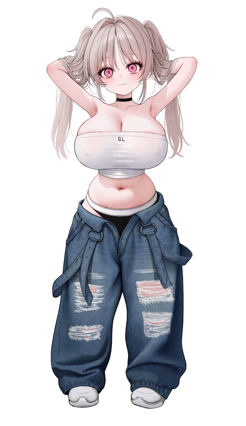 1girl absurdres armpits arms behind head arms up black choker black panties breasts brown hair choker cleavage commentary denim full body highres hug…