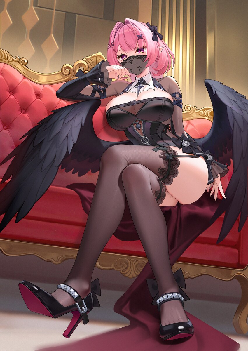 1girl absurdres black dress black shoes black shrug black thighhighs black wings breasts cleavage commentary crossed legs dress feathered wings finge…