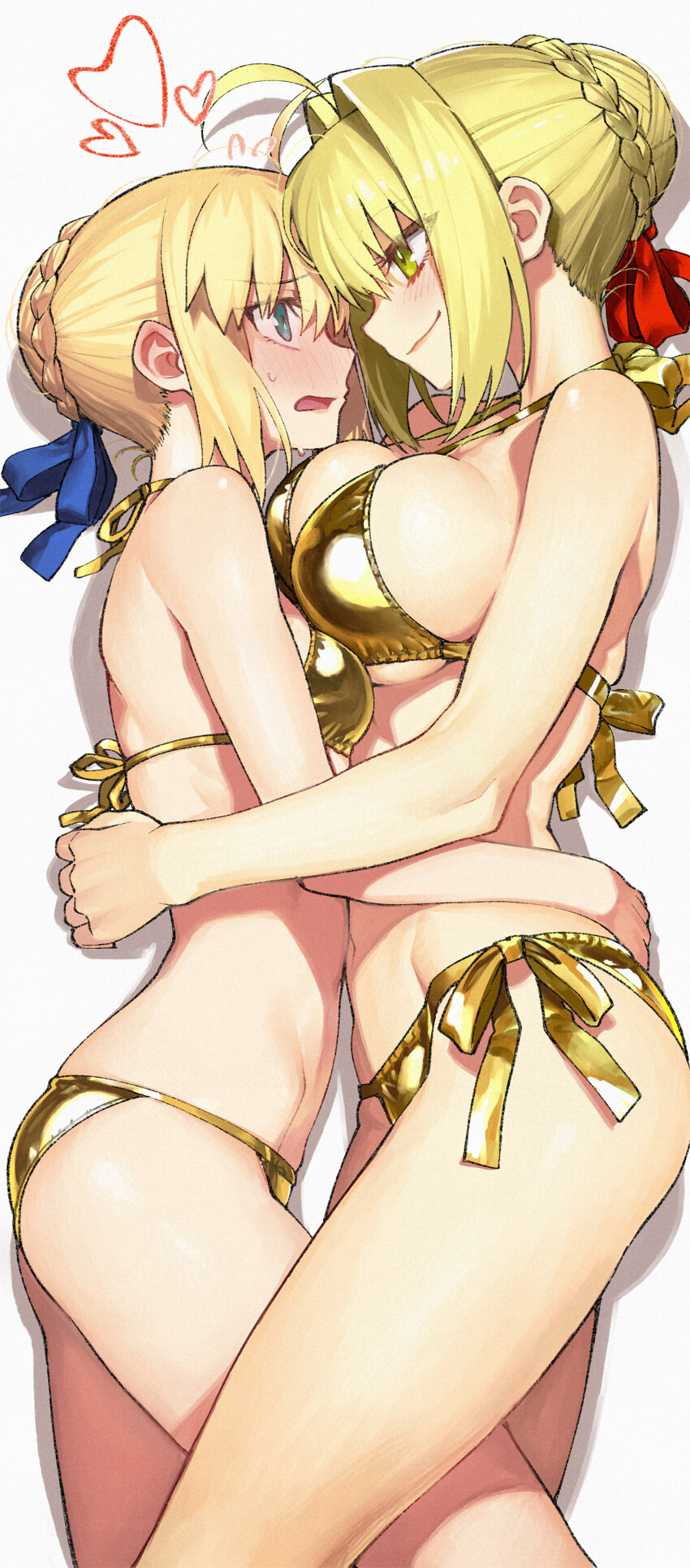 2girls absurdres ahoge artoria pendragon (fate) asymmetrical docking bare shoulders bikini blonde hair blue ribbon blush braid breast press breasts c…