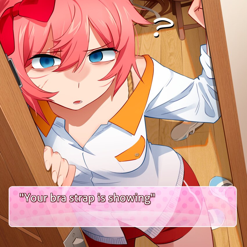 1girl ? absurdres blue eyes bow breasts collar commentary contrast collar doki doki literature club english text hair bow highres khyle. long sleeves…