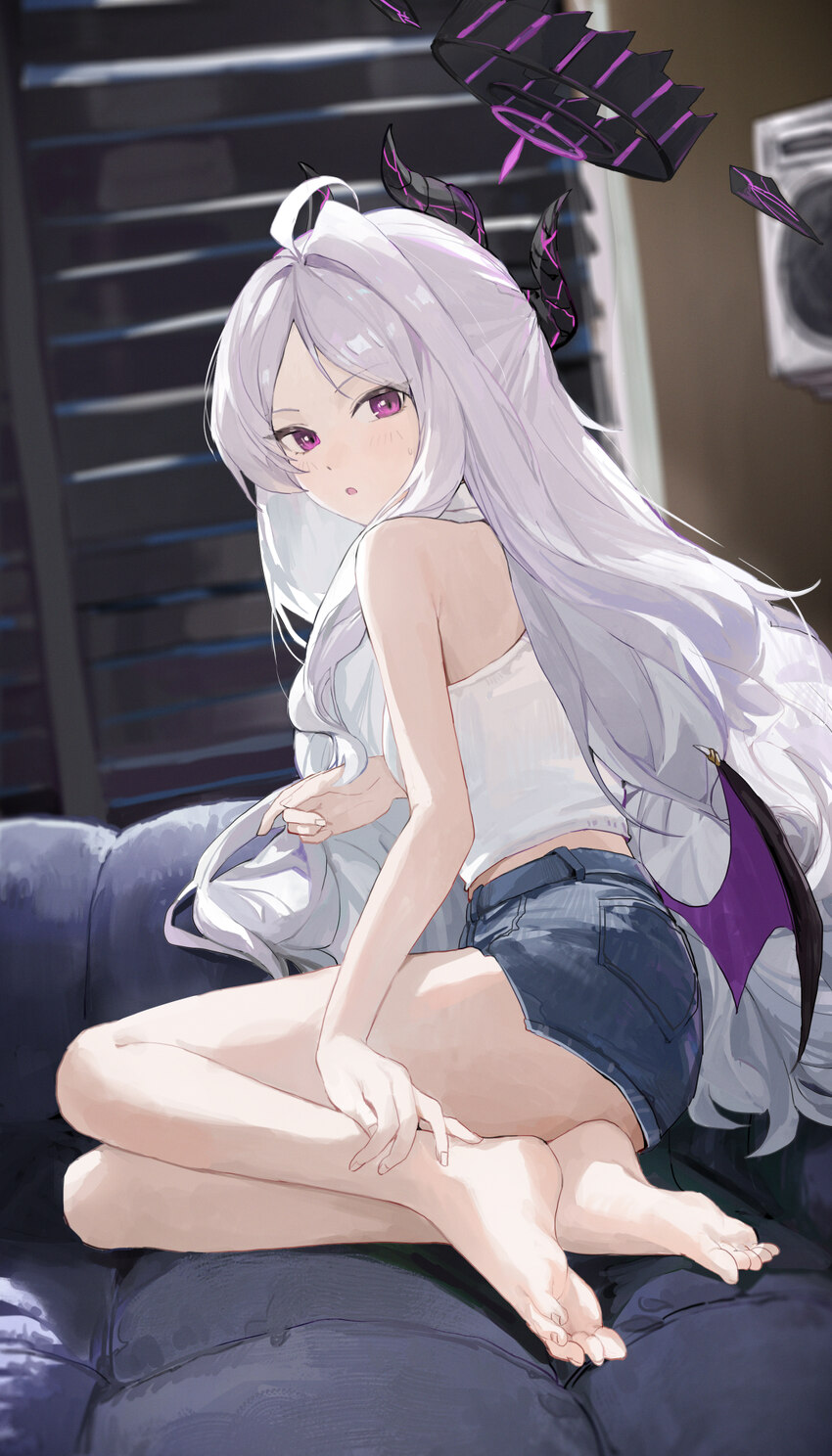 1girl  o absurdres ahoge bare shoulders barefoot black halo black horns blue archive breasts chinese commentary commentary demon girl demon horns dem…