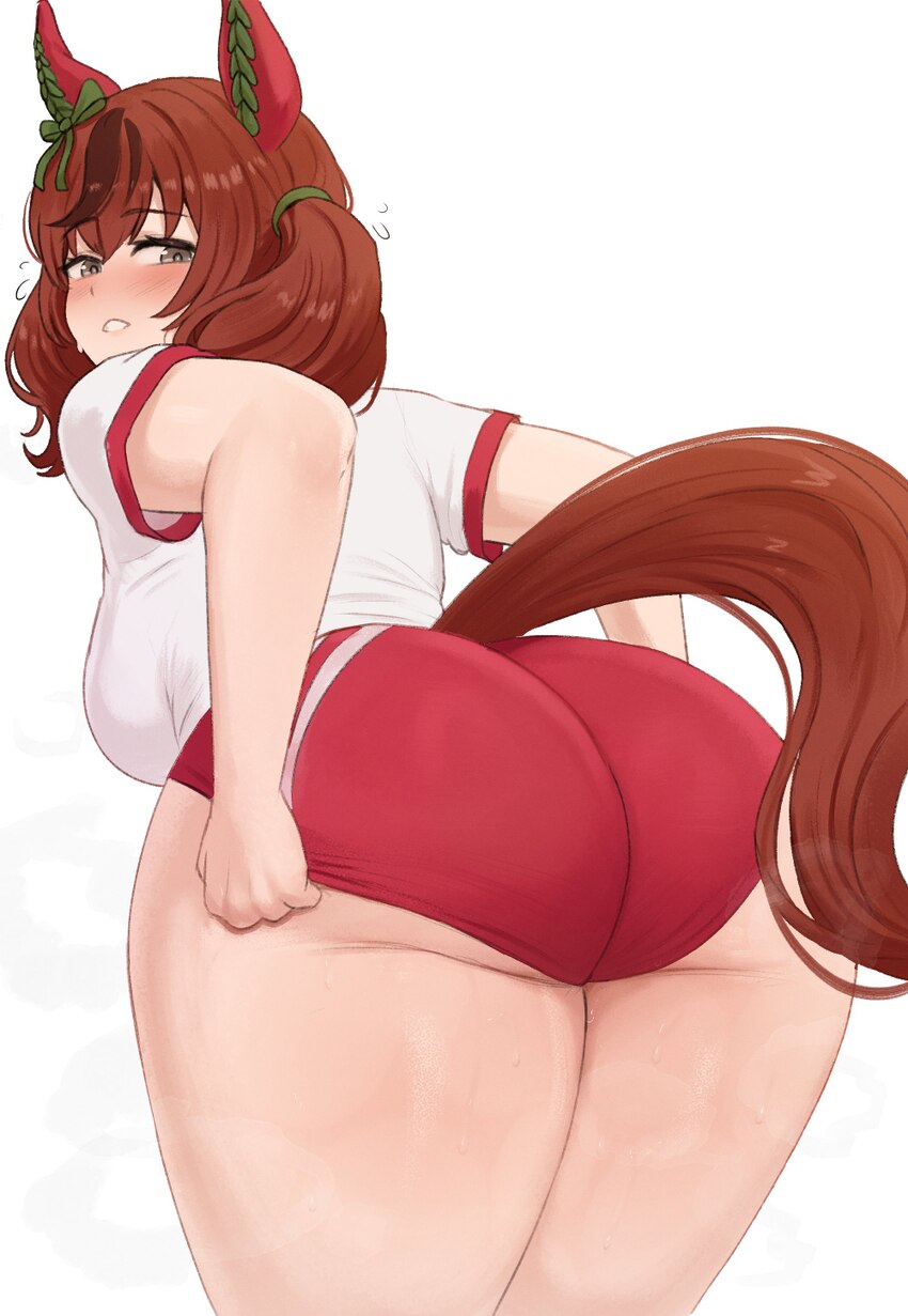 1girl absurdres animal ears ass ass focus bent over blush breasts brikot brown hair brown tail buruma commentary ear covers ear ribbon flying sweatdr…