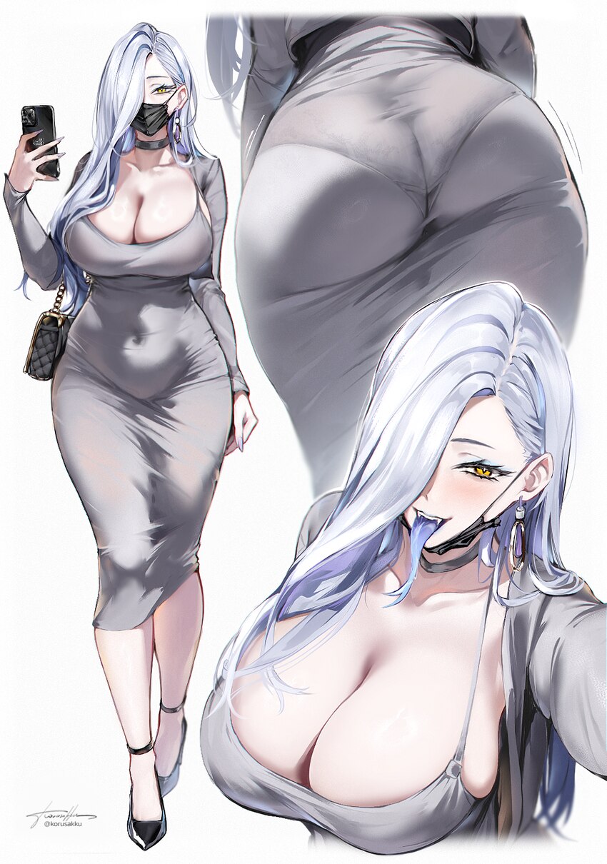 1girl alternate costume ass bag black choker black mask black shoes blue eyeshadow blue lips blush breasts cellphone choker cleavage collarbone comme…