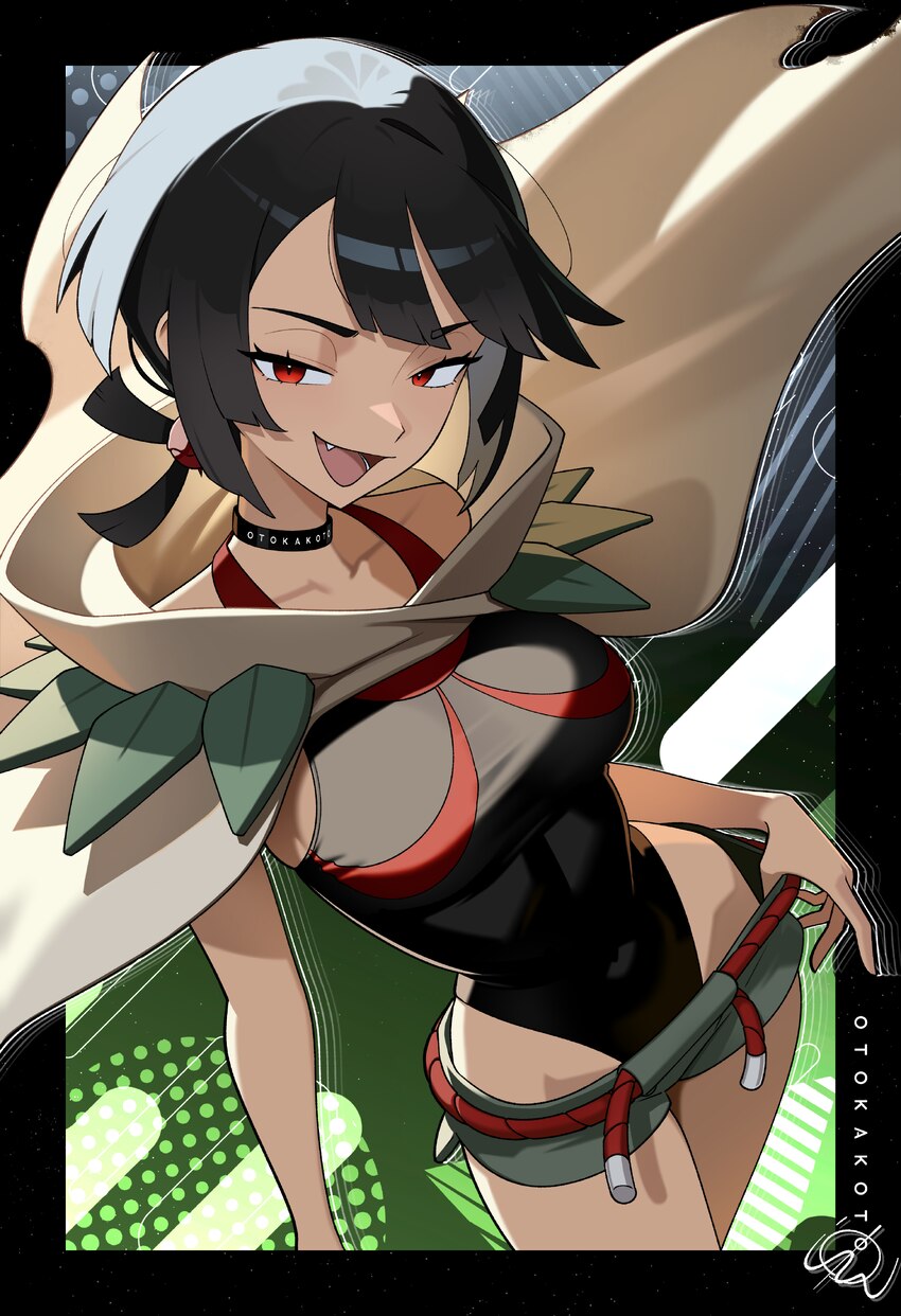 1girl absurdres black choker black hair breasts choker cloak commentary english commentary fang grey shorts highres looking at viewer medium breasts …