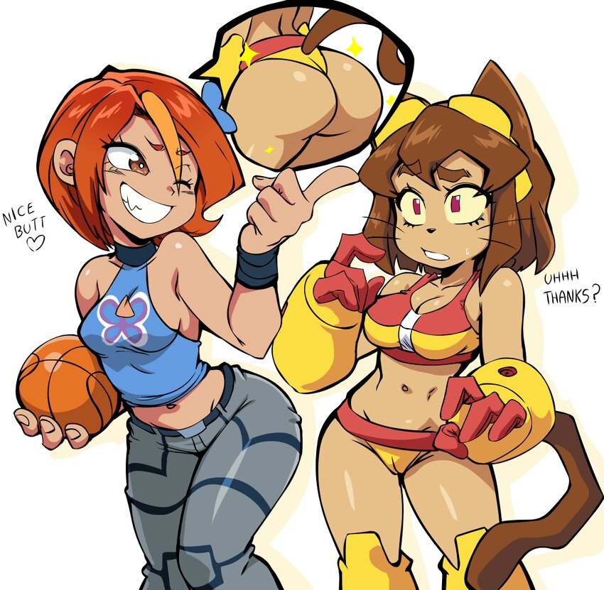 2girls animal ears ass ass focus bikini breasts brown hair butterfly (planetronika) cat ears cat girl cat tail commentary crop top crossover dark-ski…