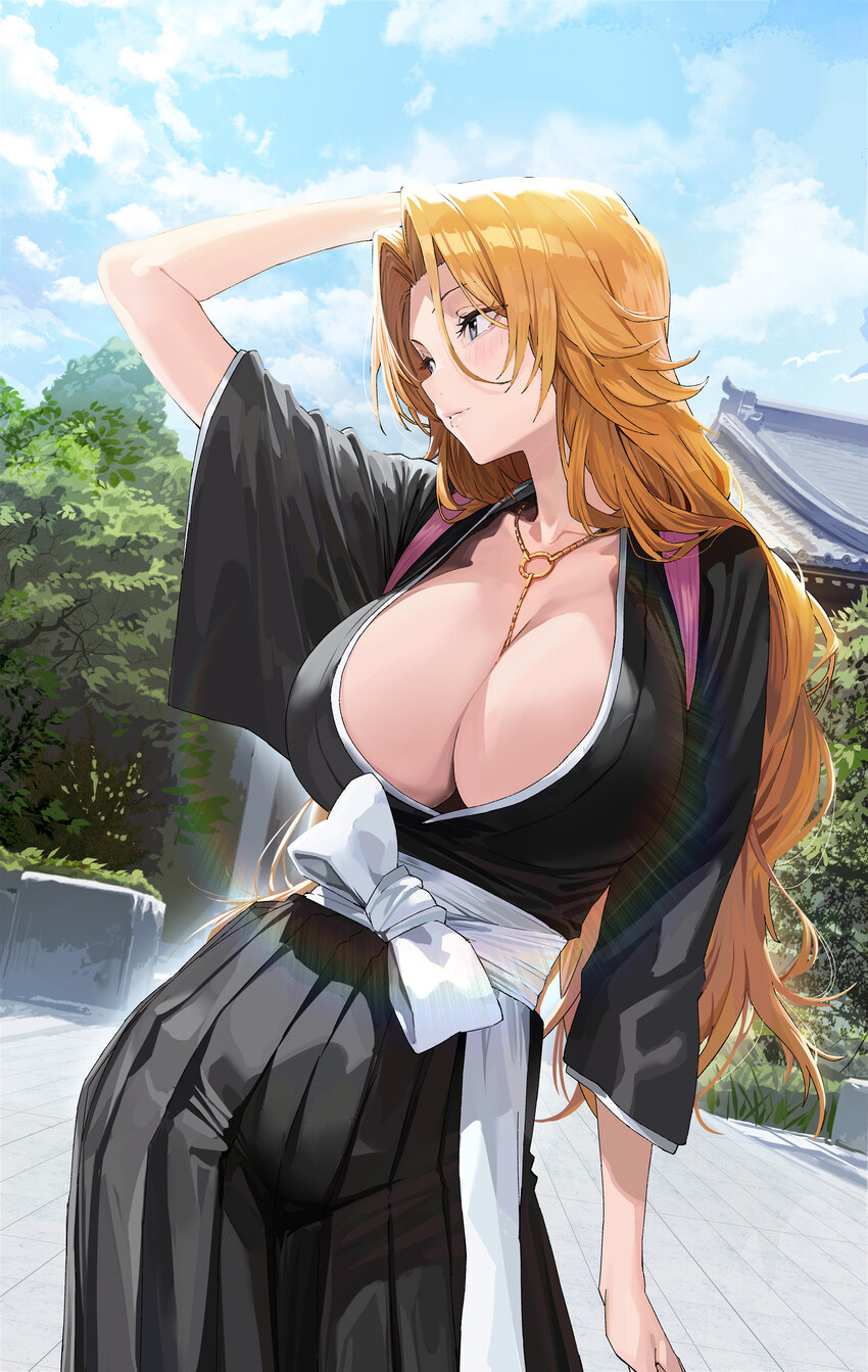 1girl architecture arm at side arm on own head arm up black hakama black kimono bleach blue eyes blue sky breasts chinese commentary cleavage comment…