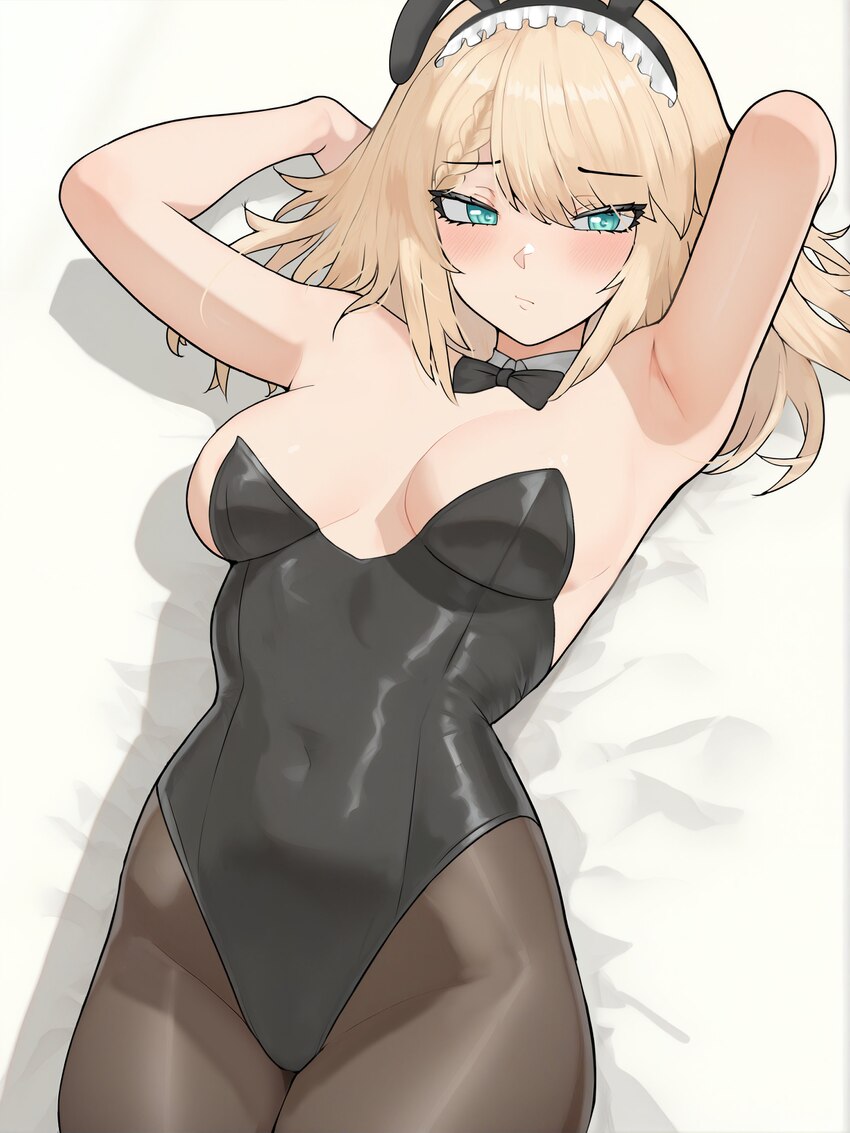 1girl absurdres animal ears armpits arms up black bow black bowtie black leotard blonde hair blue eyes bow bowtie braid breasts brown pantyhose centa…
