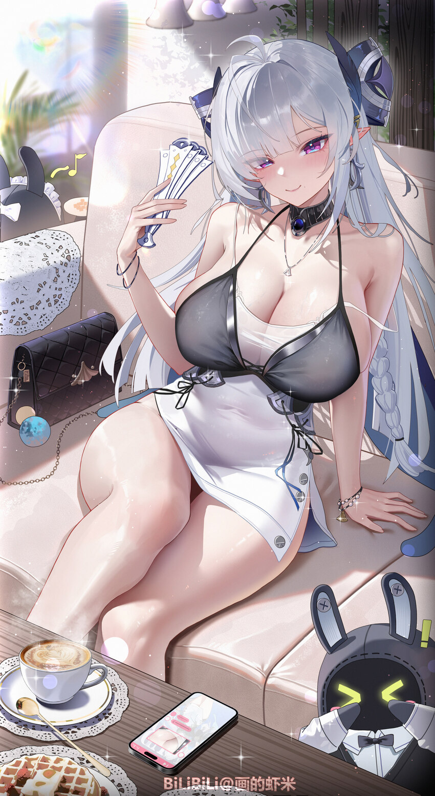 1girl absurdres bangboo (zenless zone zero) bare shoulders breasts cellphone chinese commentary cleavage closed mouth commentary request dress food g…