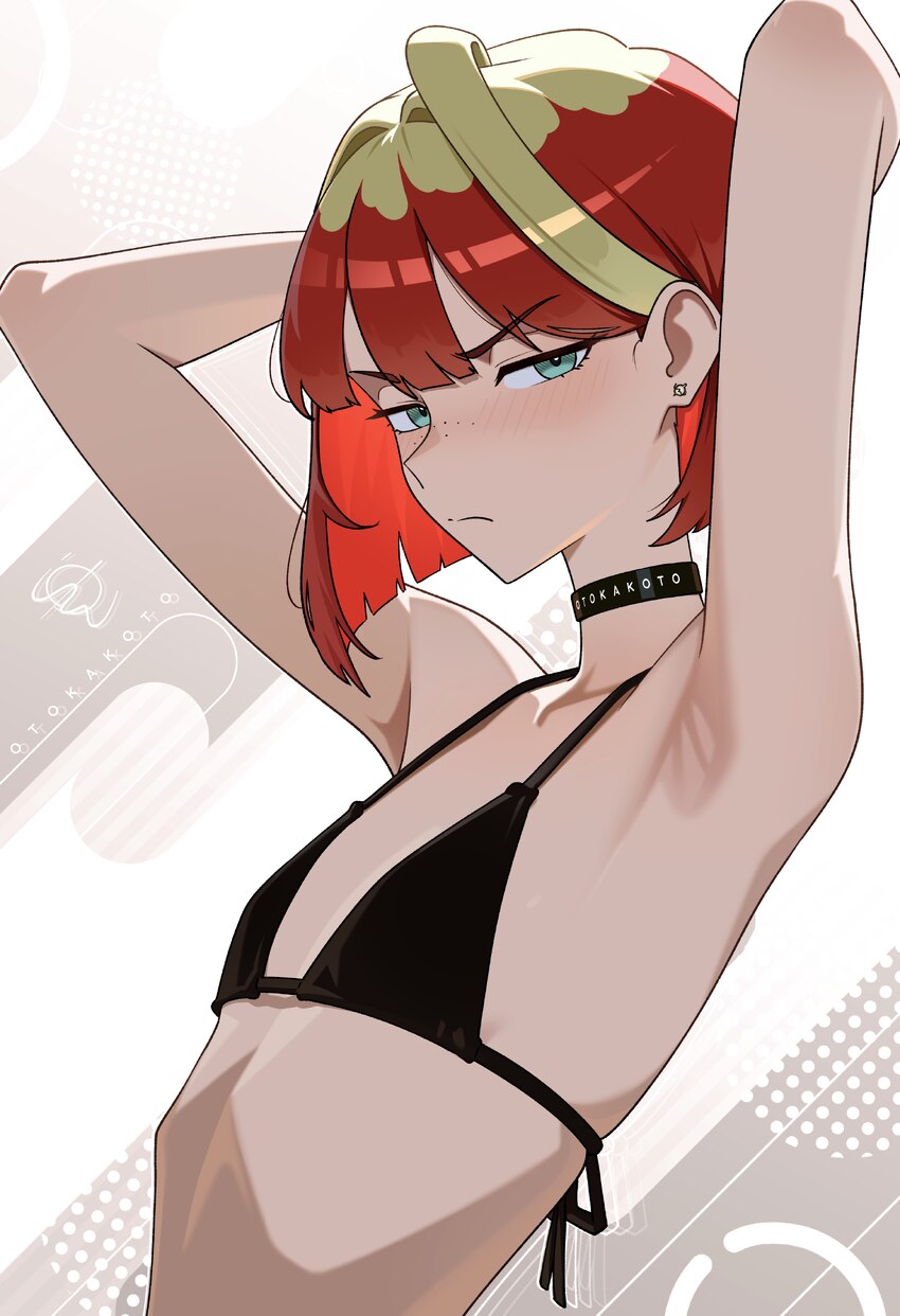 1girl absurdres ahoge aqua eyes armpit focus armpits arms behind head artist name bikini black bikini black choker blonde hair blunt bangs blunt ends…