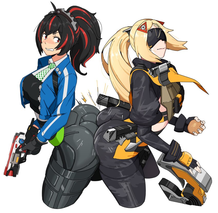 2girls ass ass press black hair black pants black shrug blonde hair blue jacket blush breasts camouflage camouflage jacket camouflage pants commentar…