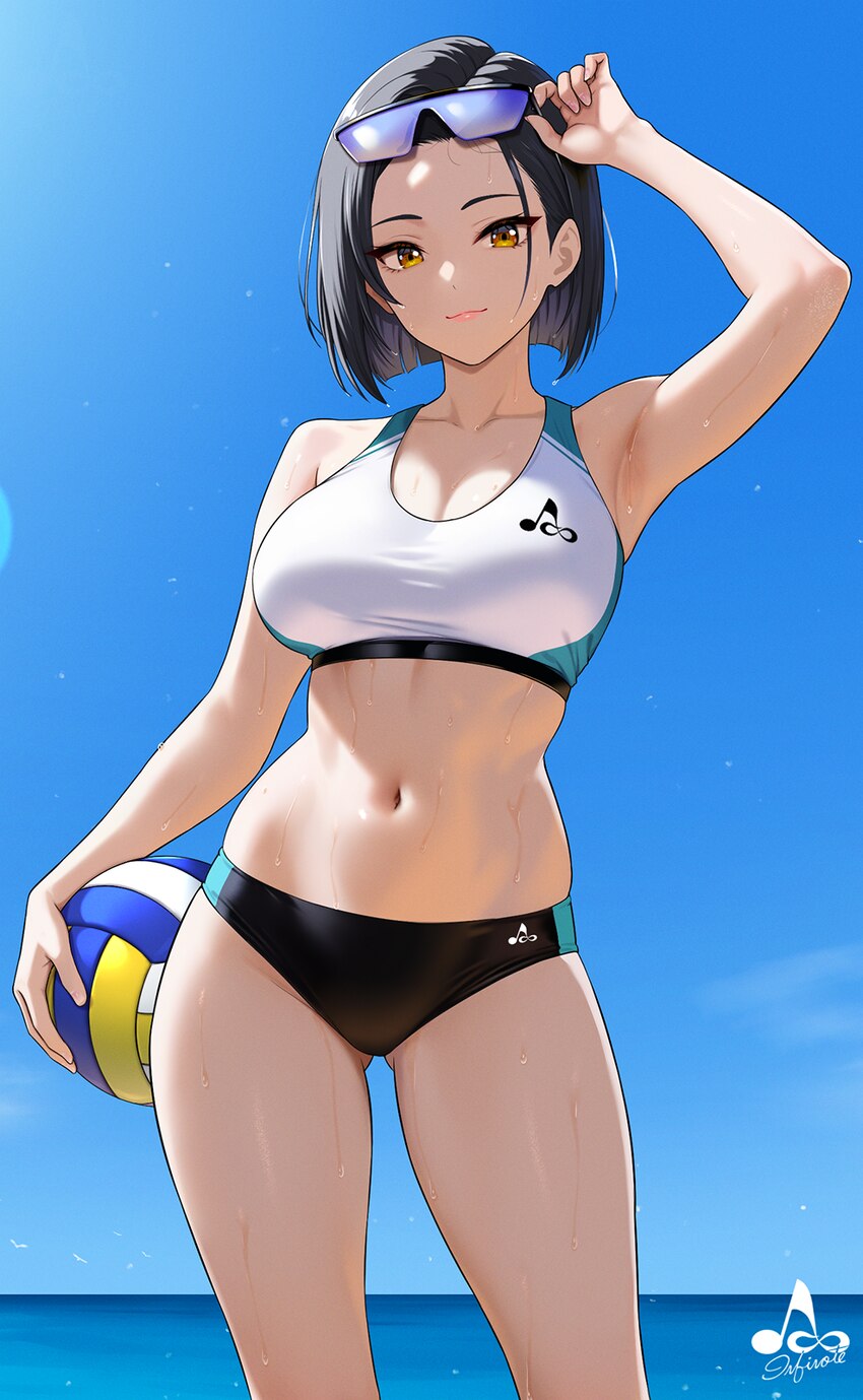 1girl arm up armpits ball bare arms bare shoulders black hair breasts closed mouth collarbone commentary request day eyewear on head highres infinote…