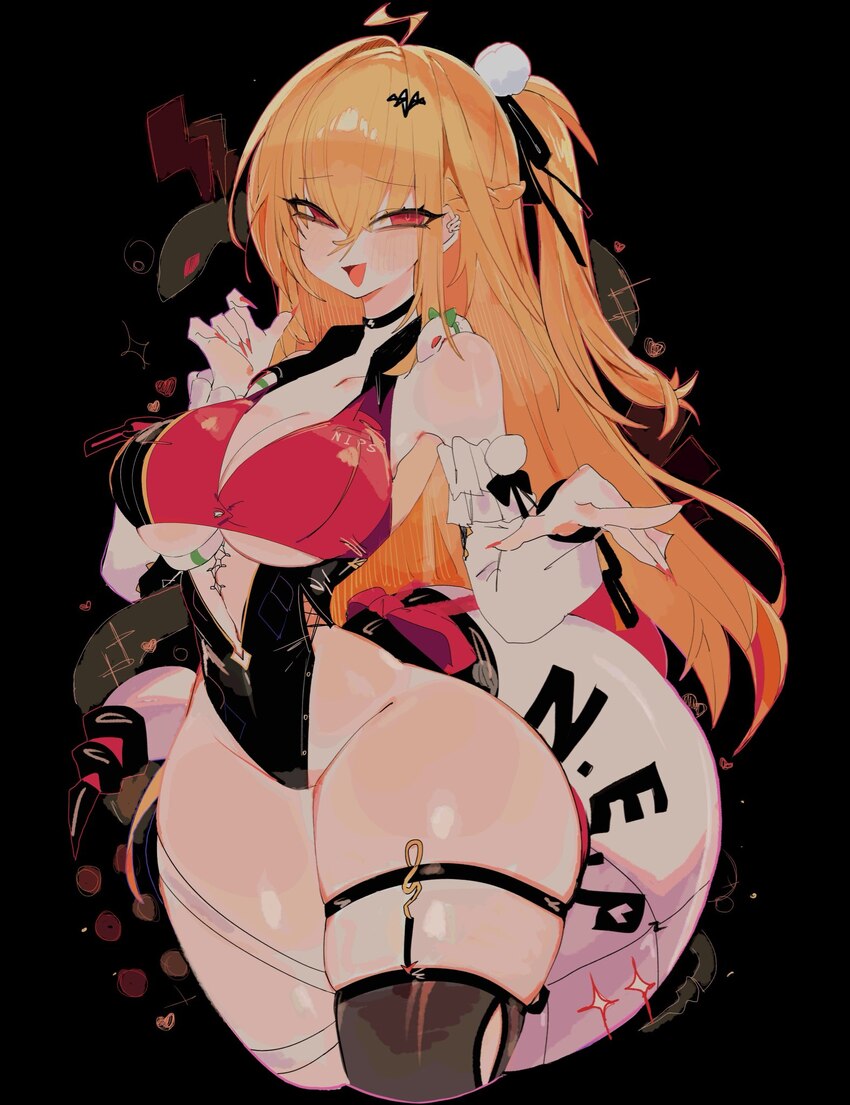 1girl ahoge ass black background blonde hair breasts chalky (zenless zone zero) cissia (zenless zone zero) cleavage curvy hair intakes highres large …