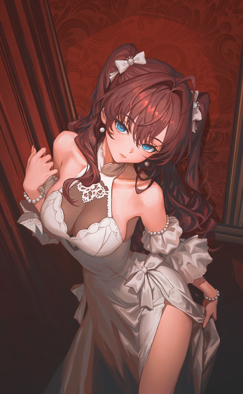 1girl absurdres ahoge bare shoulders blue eyes bow bracelet breasts brown hair closed mouth collarbone commentary detached sleeves dress earrings hai…
