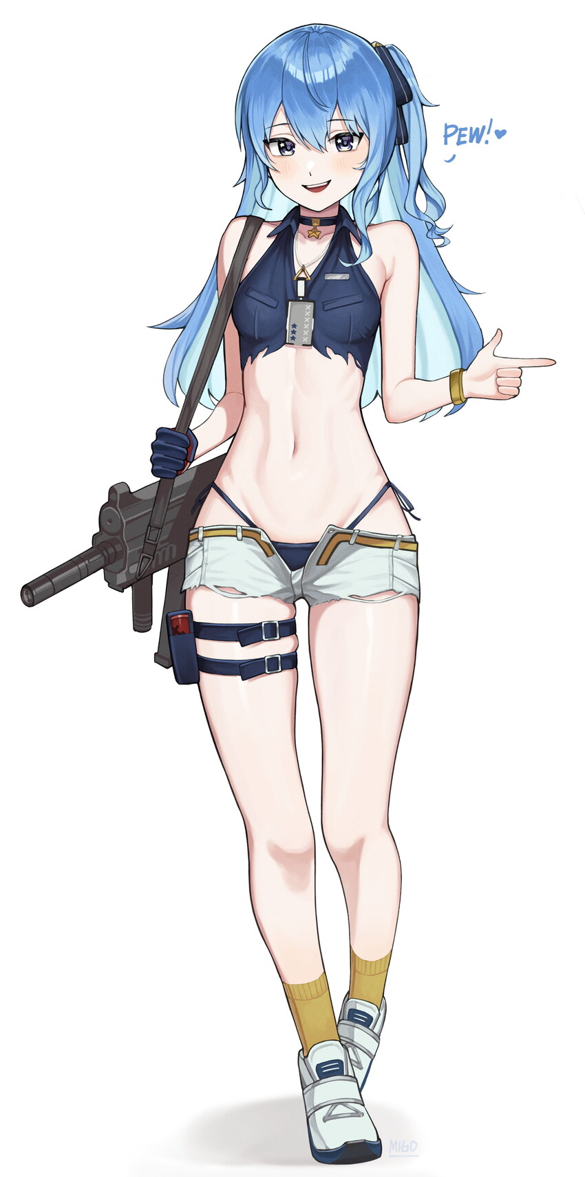 1girl absurdres bare shoulders black choker black panties blue eyes blue hair blue shirt blush breasts choker collared shirt commentary commission co…