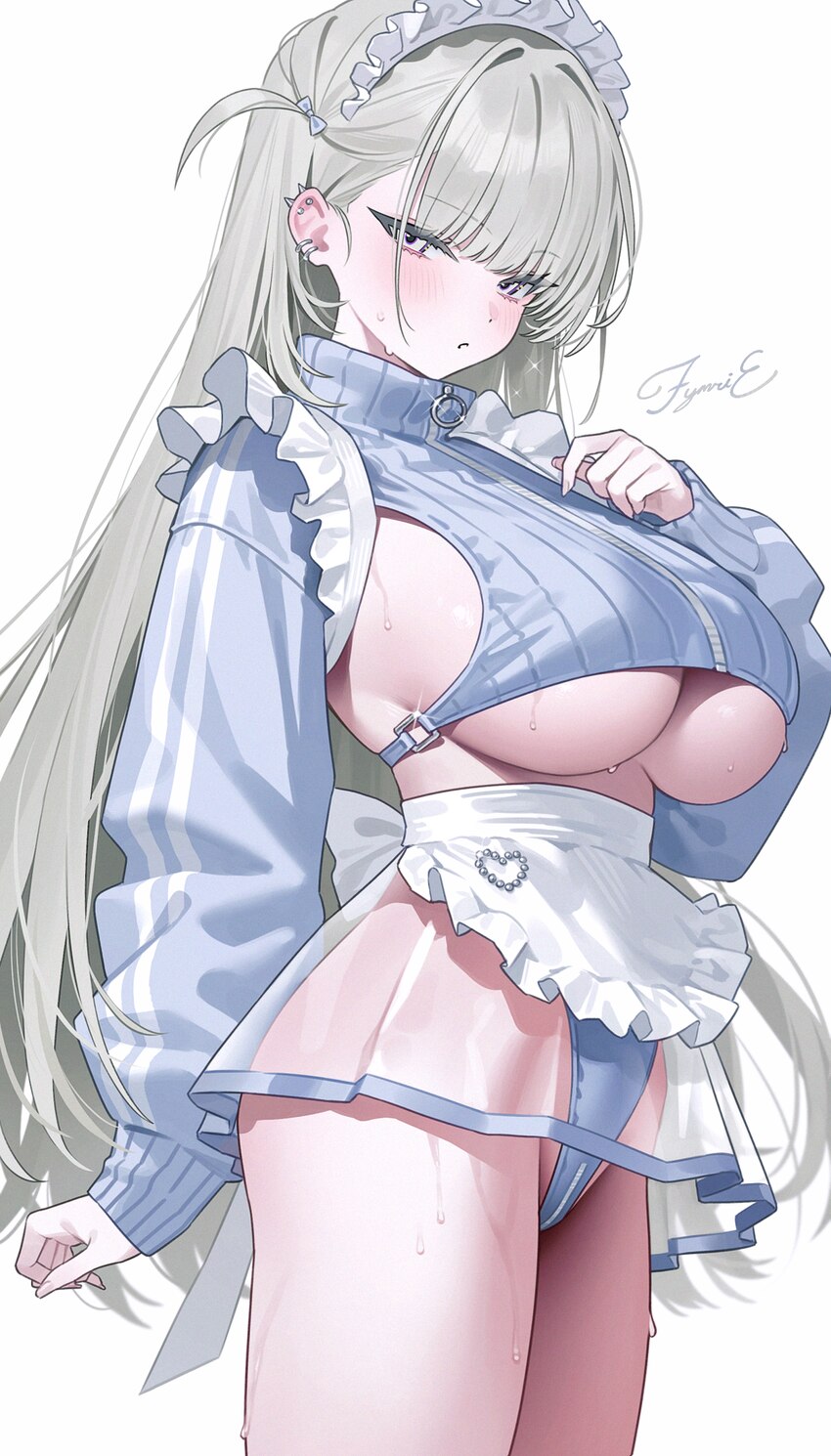 1girl apron blush breasts character request commentary request cowboy shot crop top crotch zipper ear piercing frills frown full-length zipper fymrie…