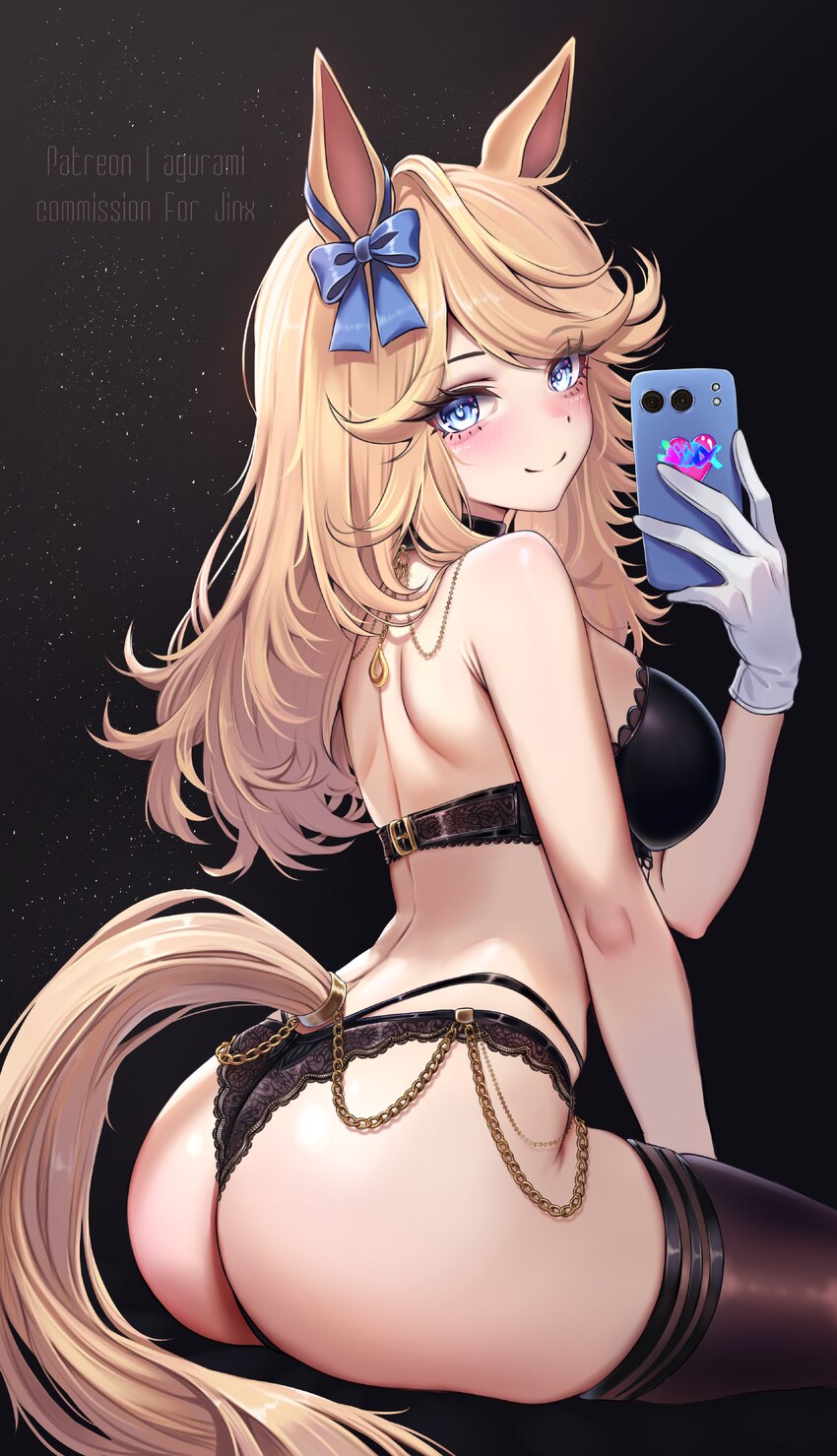 1girl absurdres agurami animal ears ass ass focus back black bra black choker black panties black thighhighs blonde hair blue bow blue eyes blush bow…