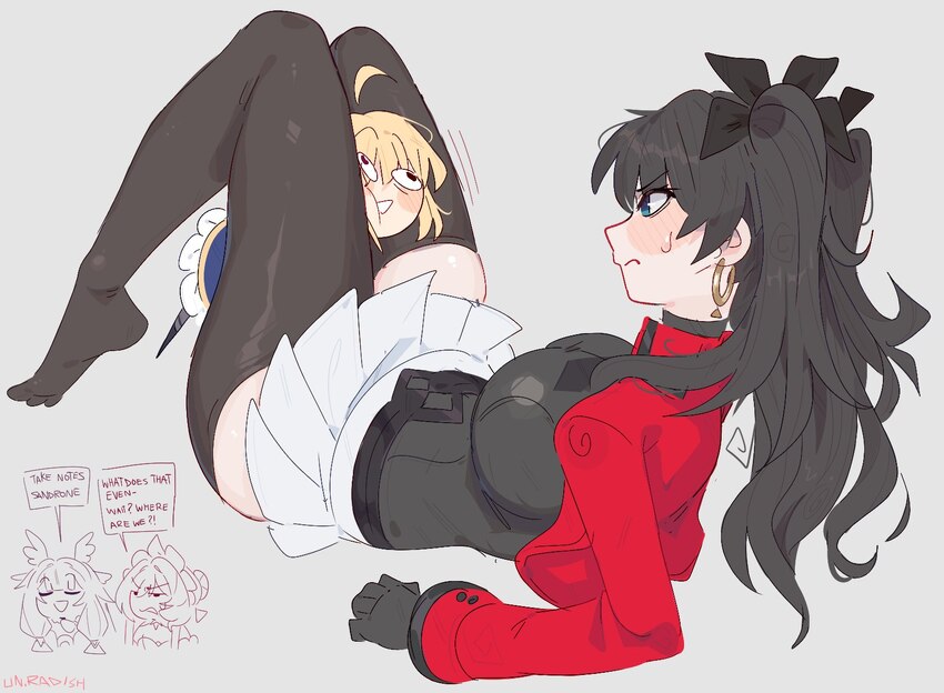 4girls ahoge artoria pendragon (fate) black hair black ribbon black shirt black thighhighs blonde hair blue eyes blue skirt blush breasts chibi colum…