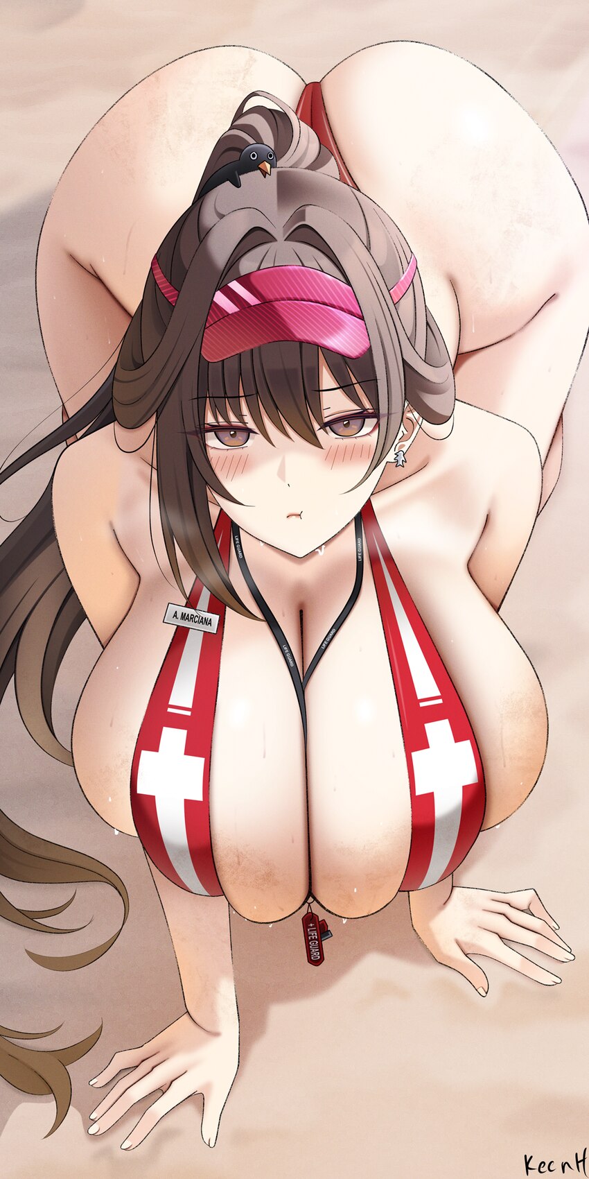 1girl all fours ass blush breasts brown eyes brown hair cleavage closed mouth ear piercing from above full cleavage goddess of victory  nikke highres…