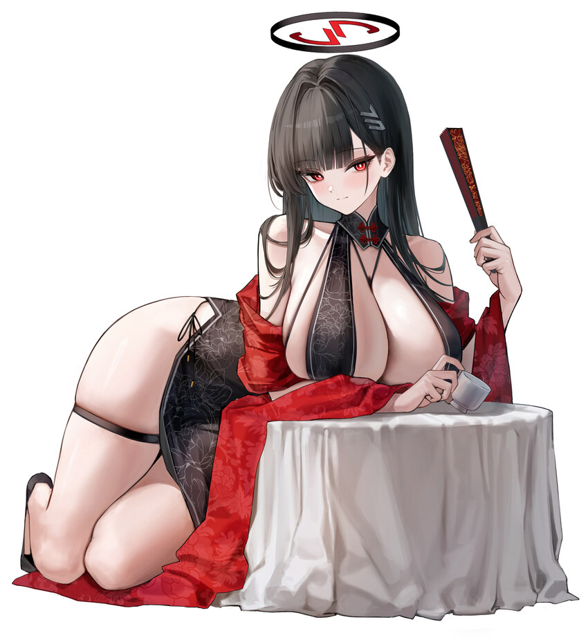 1girl absurdres alternate costume black dress black hair black panties blue archive blush breasts bright pupils cleavage closed mouth commentary requ…