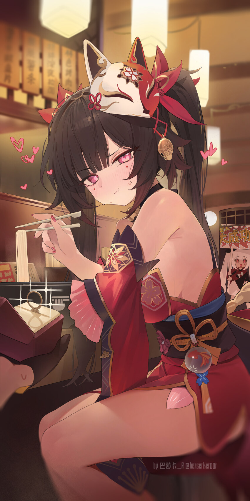 2girls absurdres berserker r black gloves black hair bowl breasts chinese commentary chopsticks commentary request detached sleeves dress food fox ma…