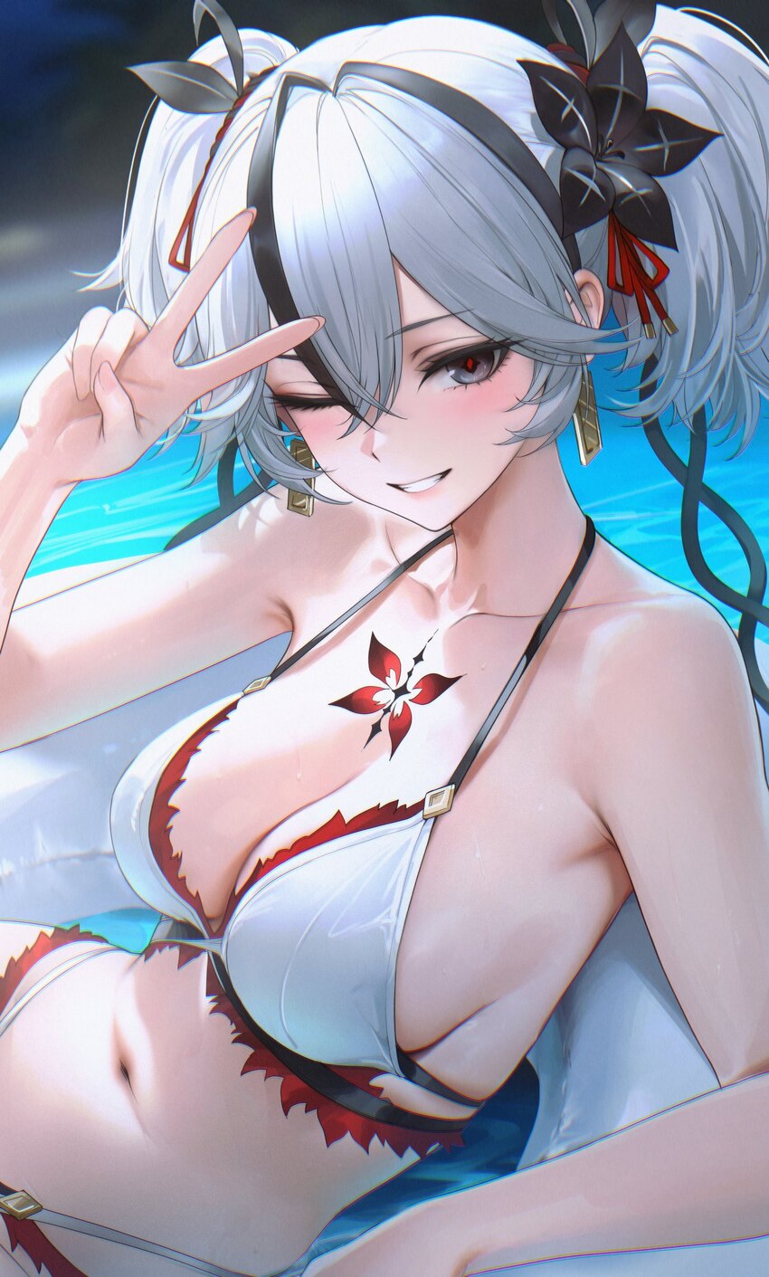 1girl alternate costume bare shoulders bikini black flower black streaks blake bloom (wuthering waves) blurry blurry background breasts camellya (wut…
