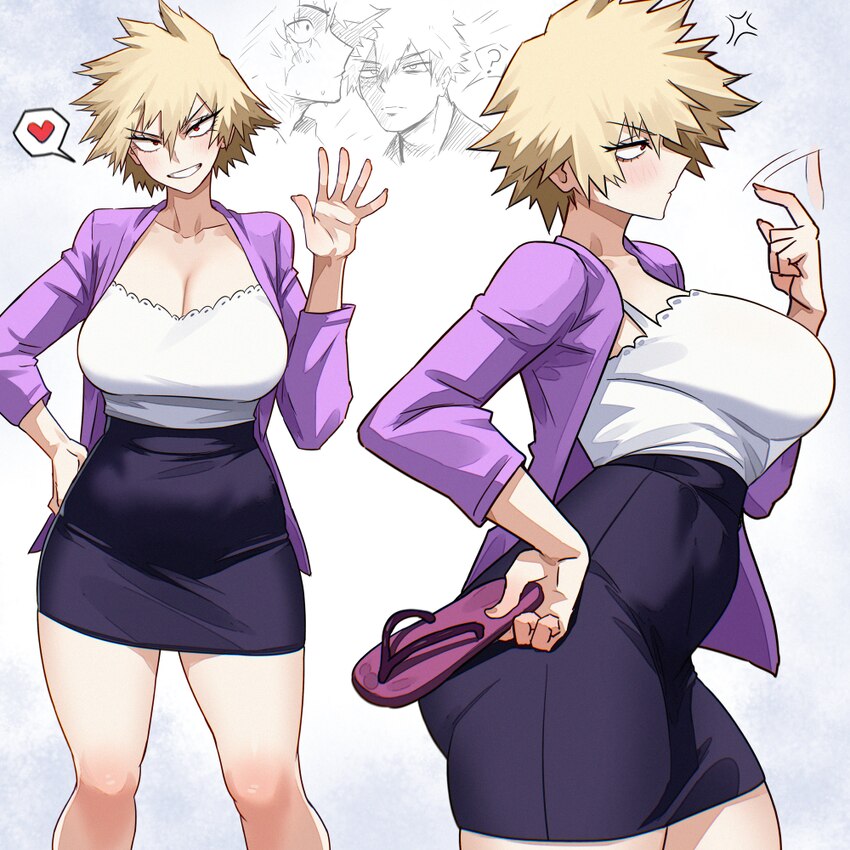 1girl 2boys absurdres anger vein bakugou katsuki bakugou mitsuki black skirt blonde hair boku no hero academia breasts but you cant prove it (meme) c…