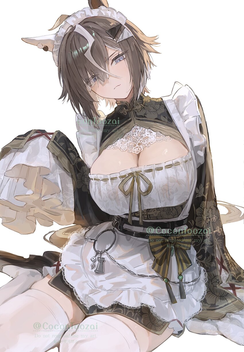 1girl absurdres ahoge alternate breast size (larger) alternate costume animal ears apron black dress blue eyes breasts brown hair cleavage cleavage c…