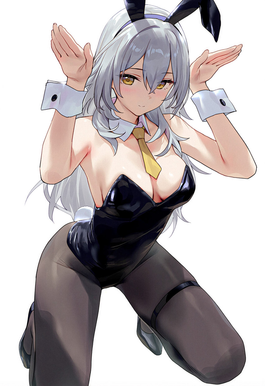 1girl absurdres ai-assisted amiki yuzuru animal ear hairband animal ears black hairband black leotard black pantyhose breasts detached collar fake an…