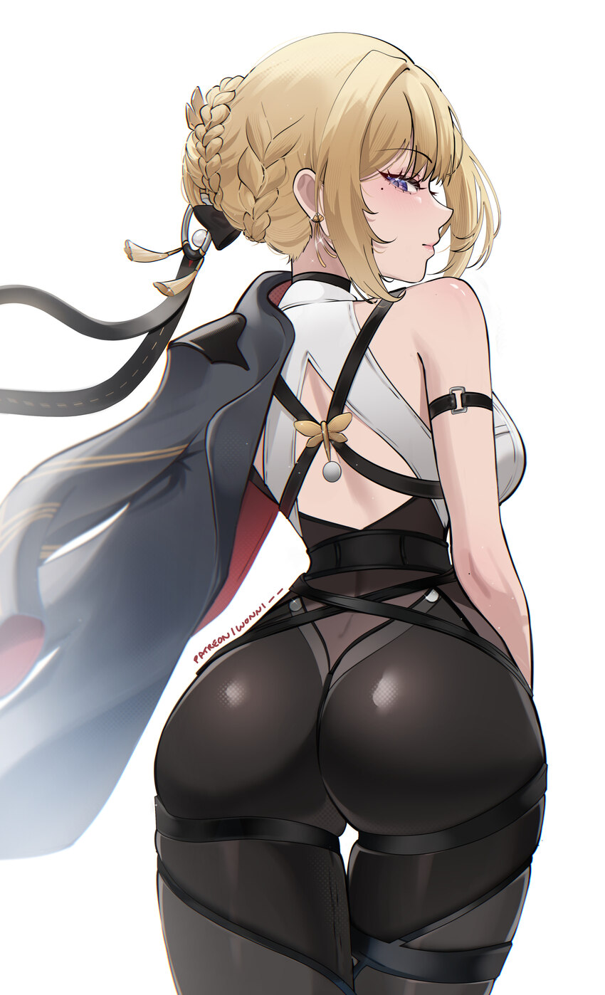1girl absurdres ass black jacket black pants blonde hair breasts commentary evelyn chevalier from behind highres jacket medium breasts mole mole unde…