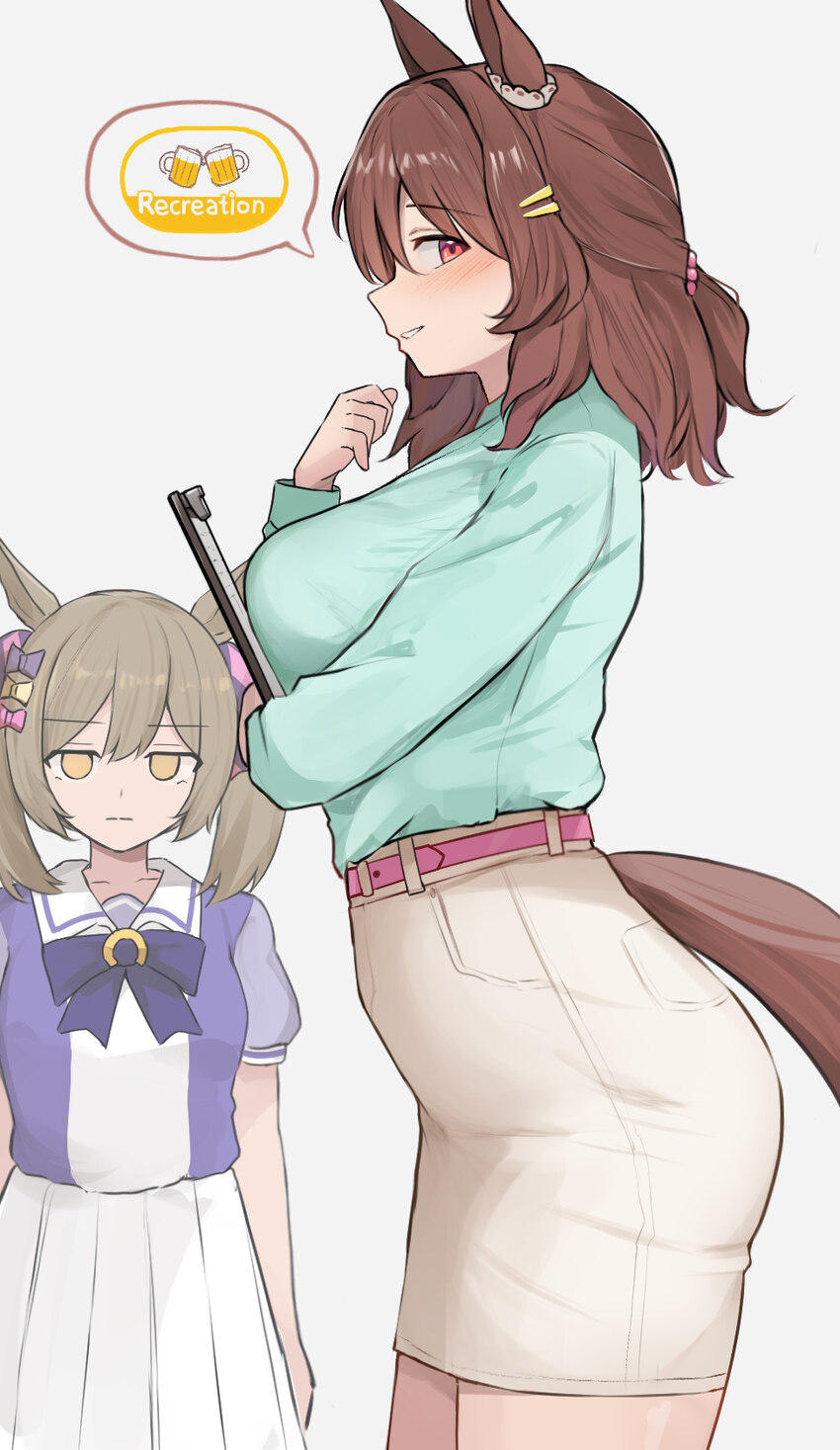 2girls animal ears aqua shirt belt blank eyes blush bow bowtie breasts brown eyes brown hair clipboard closed mouth commentary ear scrunchie english …