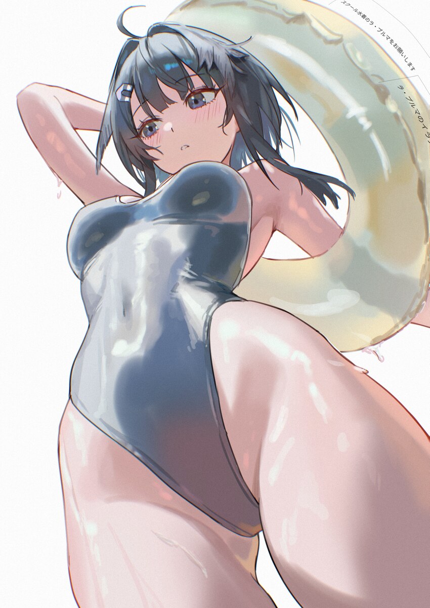 1girl absurdres arknights arm up black feathers black hair blue eyes blush breasts commentary covered navel cowboy shot feather hair feathers foresho…
