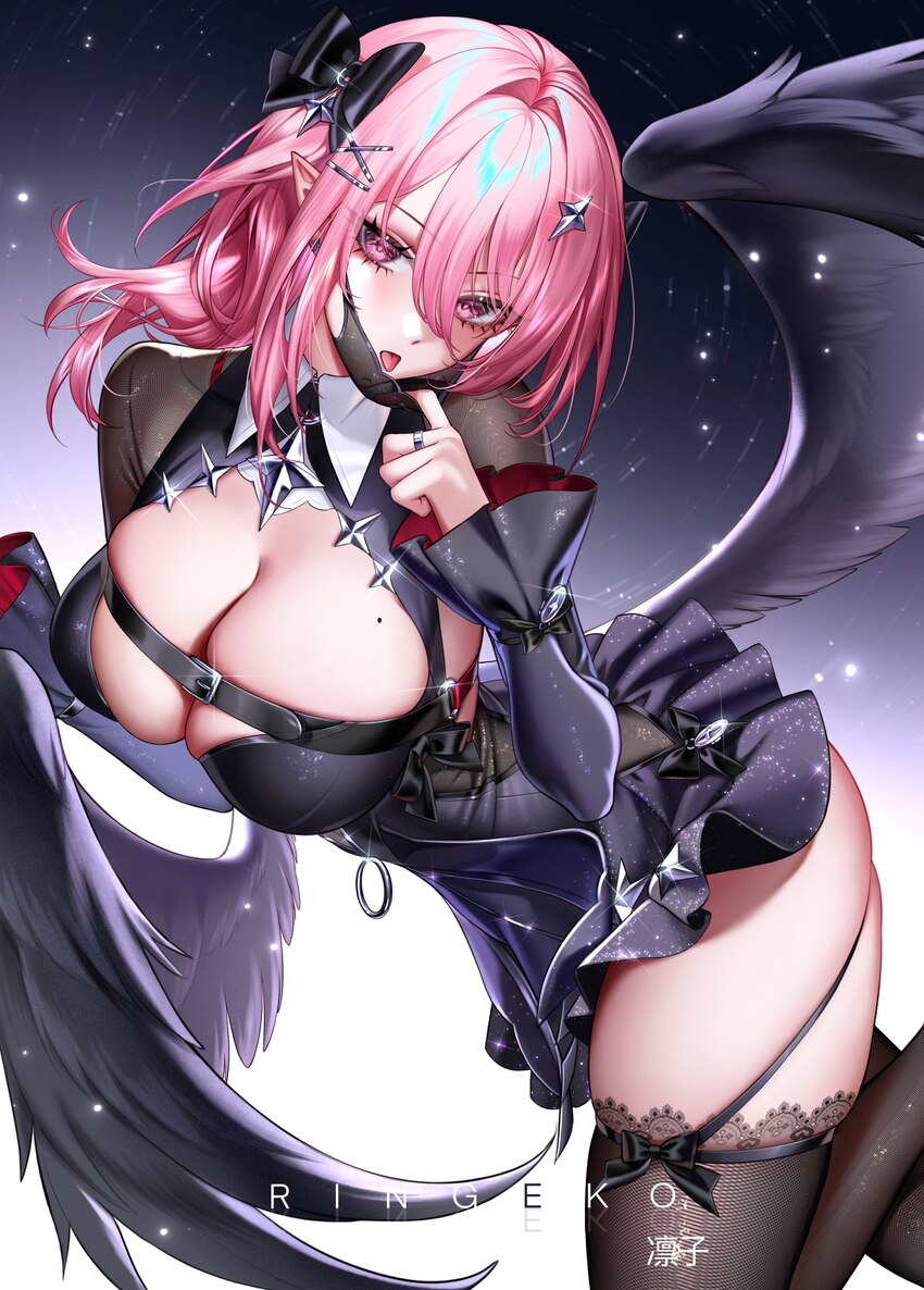 1girl absurdres artist name black bow black dress black shrug black thighhighs black wings bow breasts cleavage commentary dress gradient background …