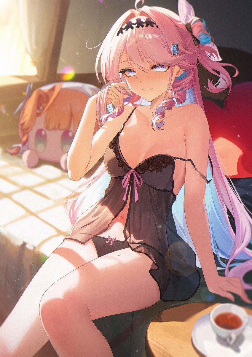 1girl absurdres ahoge alternate costume babydoll bare shoulders bed black babydoll black bow black panties blue eyes blue hair bow bow panties breast…
