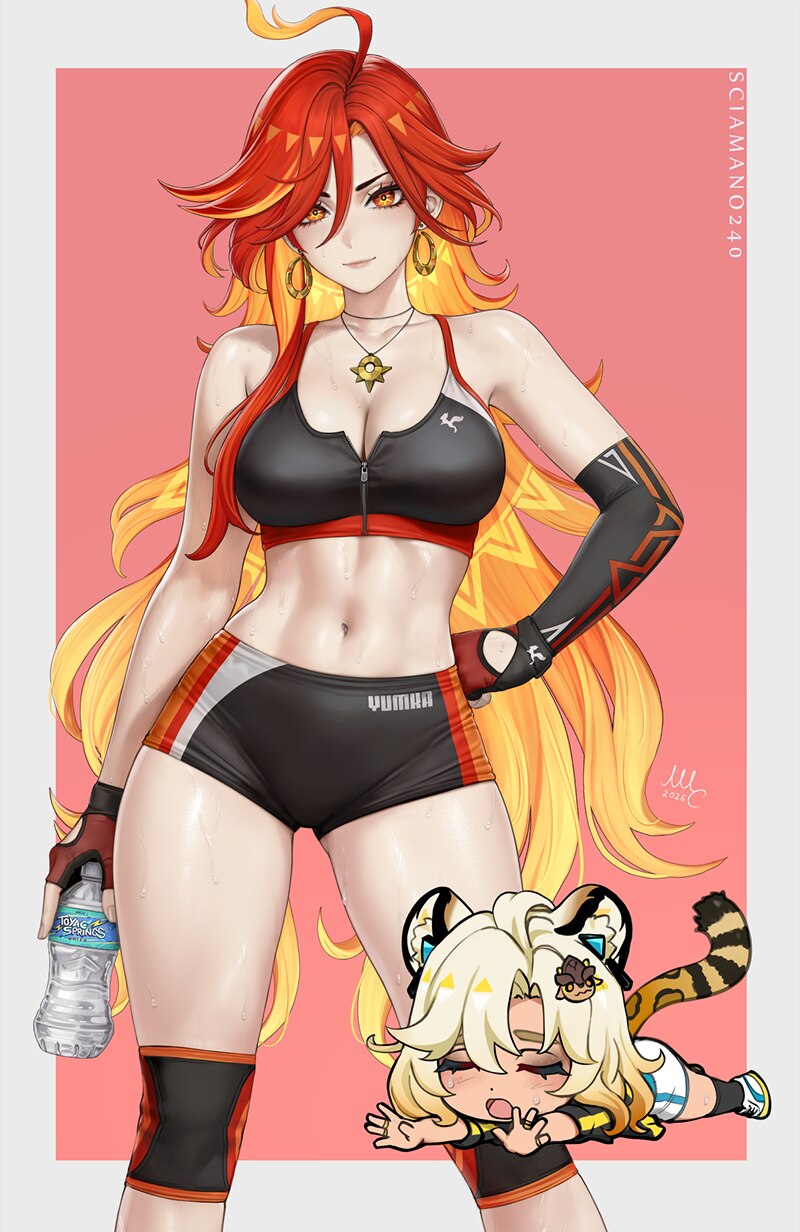 2026 2girls ahoge alternate costume animal ears artist name asymmetrical gloves bare shoulders bike shorts black shorts black sports bra blonde hair …