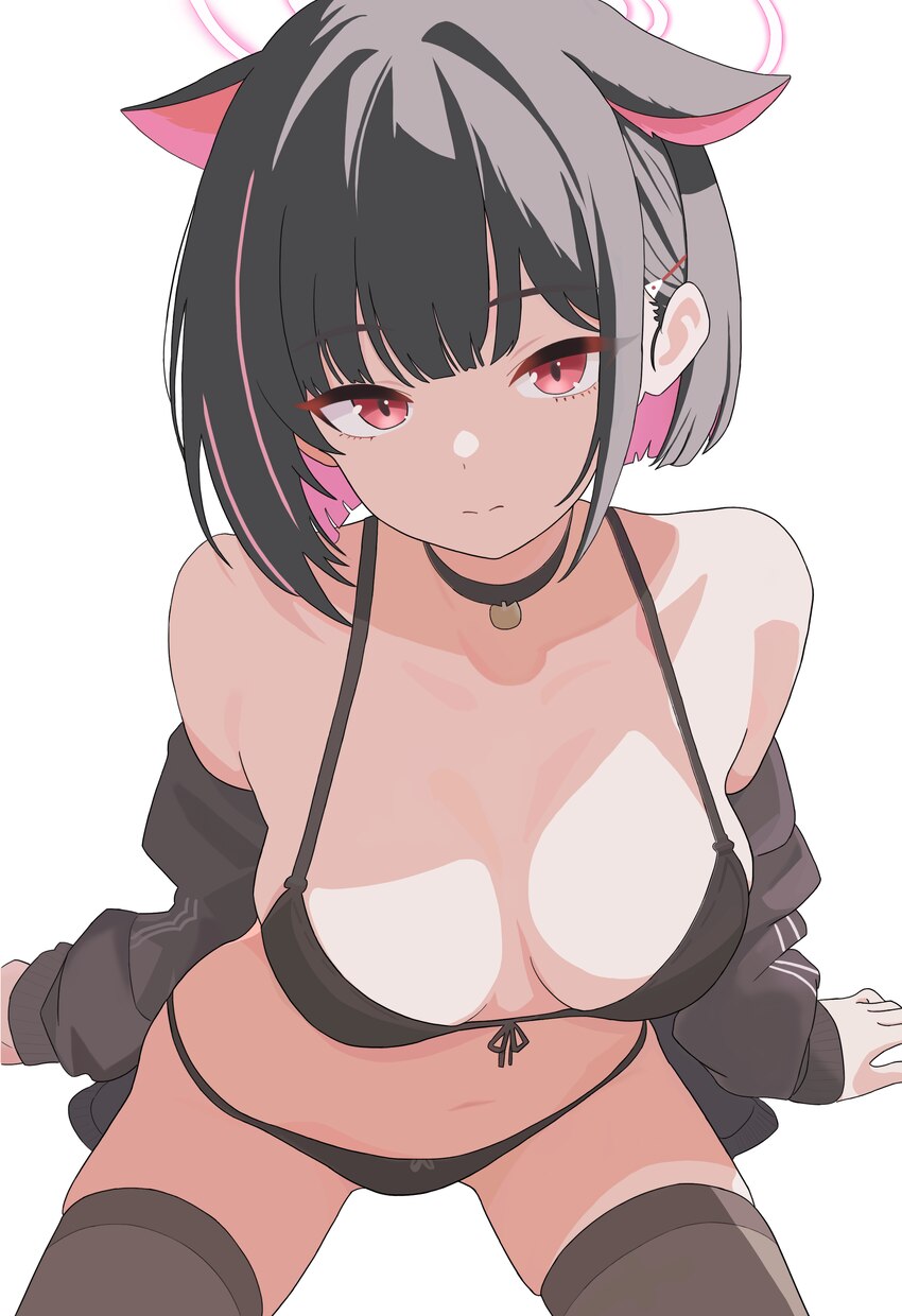 1girl absurdres alternate costume animal ears bare shoulders black bra black choker black panties blue archive bow bow panties bra breasts cat choker…