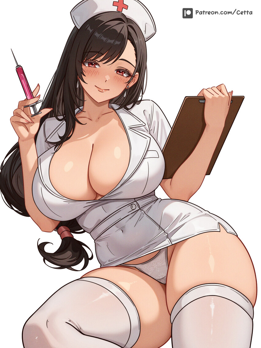 1girl black hair breasts cleavage commentary earrings english commentary final fantasy final fantasy vii hat highres holding holding syringe jewelry …