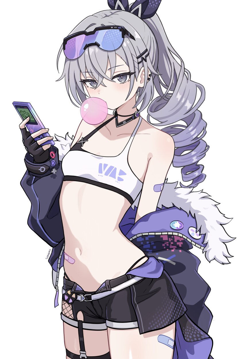 1girl absurdres bandaid bare shoulders black gloves black shorts blowing bubble gum blue-tinted eyewear breasts chewing gum clothes down collarbone c…