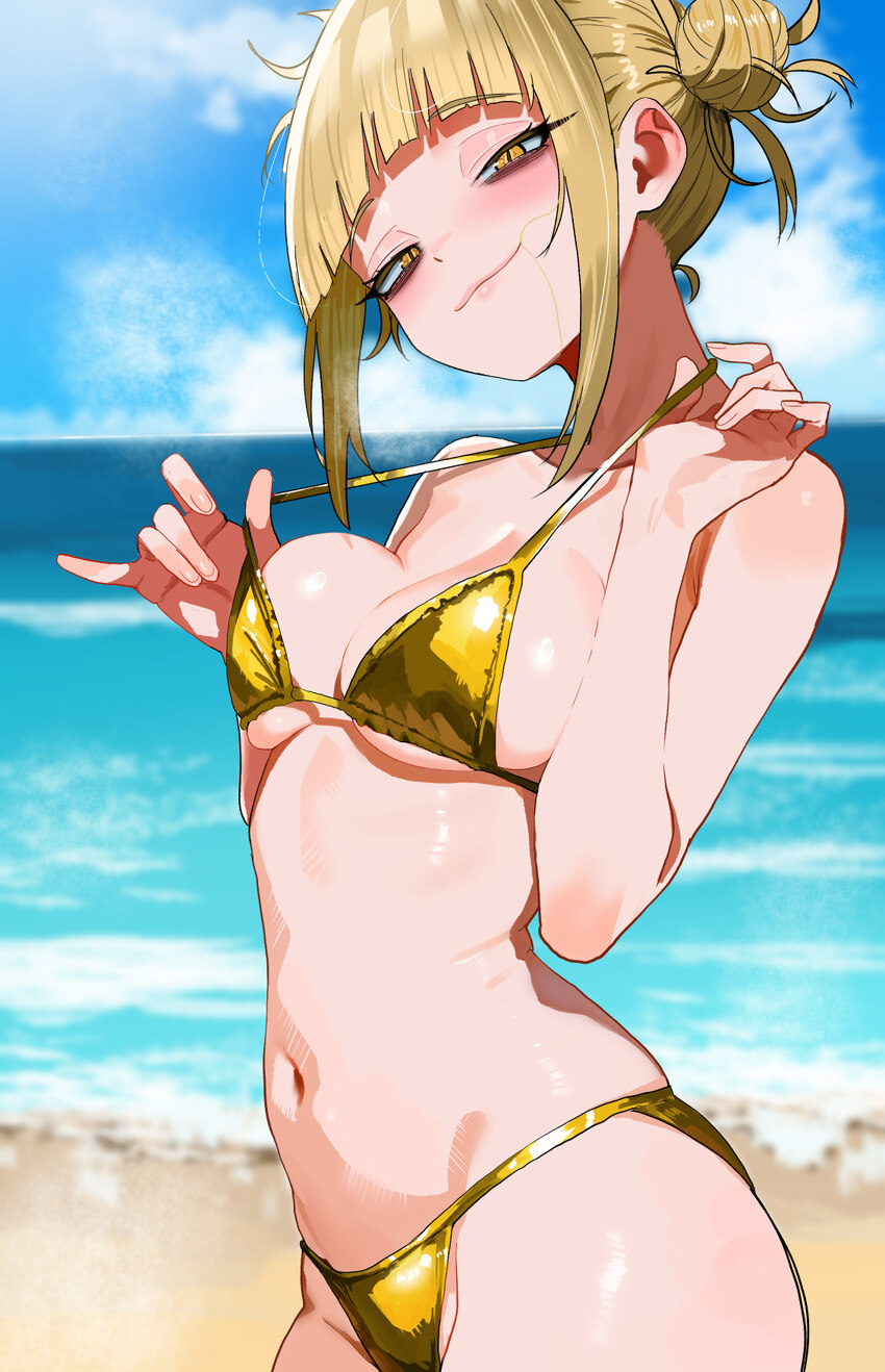 1girl absurdres beach bikini blonde hair blue sky boku no hero academia breasts closed mouth cloud day double bun english commentary gold bikini gold…