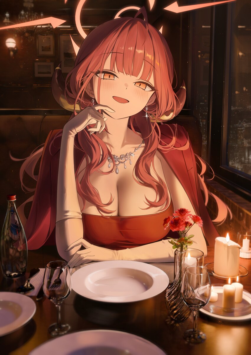 1girl  d absurdres arm on table aru (blue archive) aru (dress) (blue archive) blue archive blush bottle breasts candle cleavage commentary cup demon …