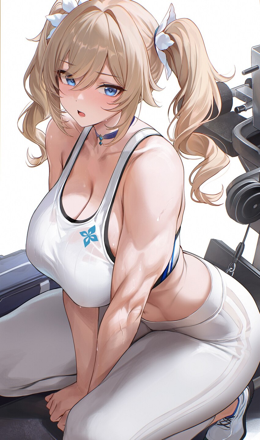 1girl alternate breast size (larger) alternate costume barbara (genshin impact) between legs blonde hair blue choker blue eyes blush breasts choker c…